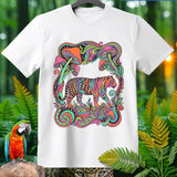 White t-shirt with a psychedelic tiger and mushroom graphic.