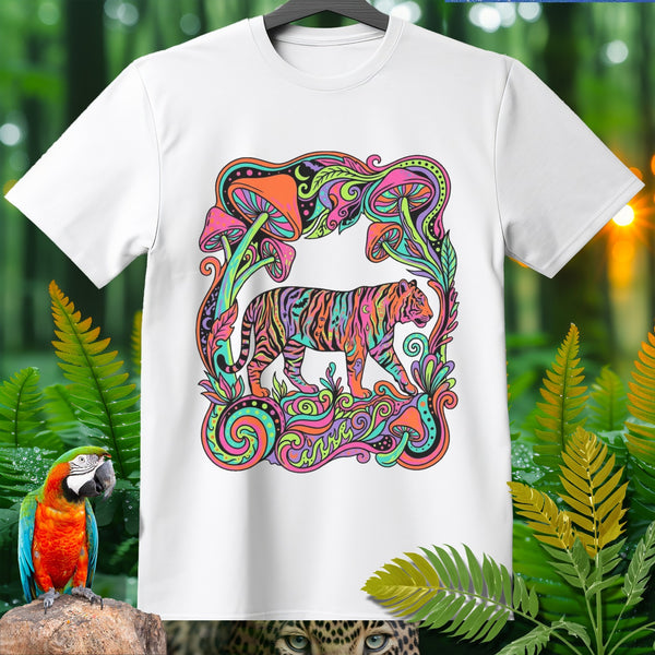 White t-shirt with a psychedelic tiger and mushroom graphic.