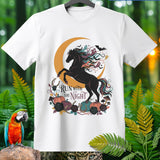 White t-shirt with black horse, crescent moon, pumpkins, and bats graphic and text 