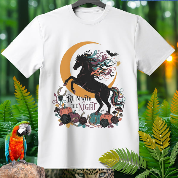 White t-shirt with black horse, crescent moon, pumpkins, and bats graphic and text "Run with the Night".