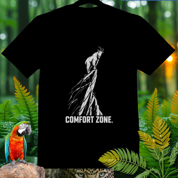 Black t-shirt with goat on cliff graphic and text "COMFORT ZONE."