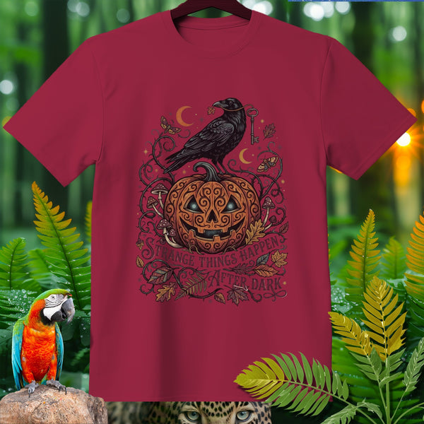 Maroon t-shirt with jack-o'-lantern, crow holding key, and "Strange things happen after dark" text.