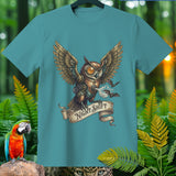 Teal t-shirt featuring a steampunk owl with outstretched wings and the text 