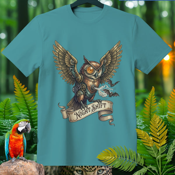 Teal t-shirt featuring a steampunk owl with outstretched wings and the text "Night Shift".