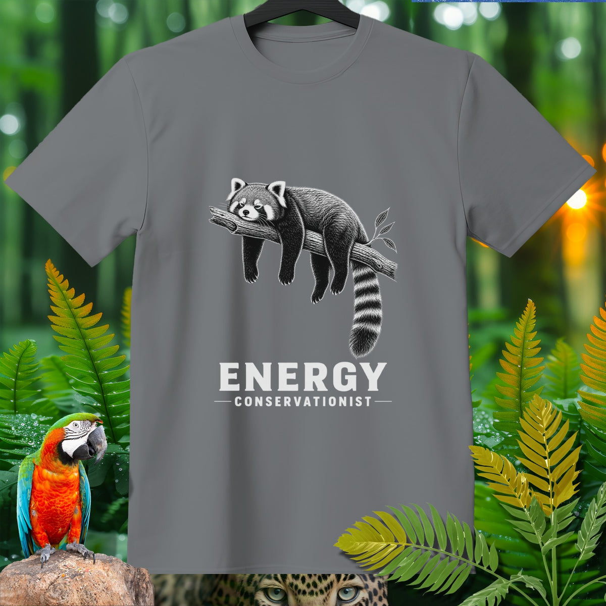 Gray t-shirt with a red panda resting on a branch and the text "ENERGY CONSERVATIONIST".