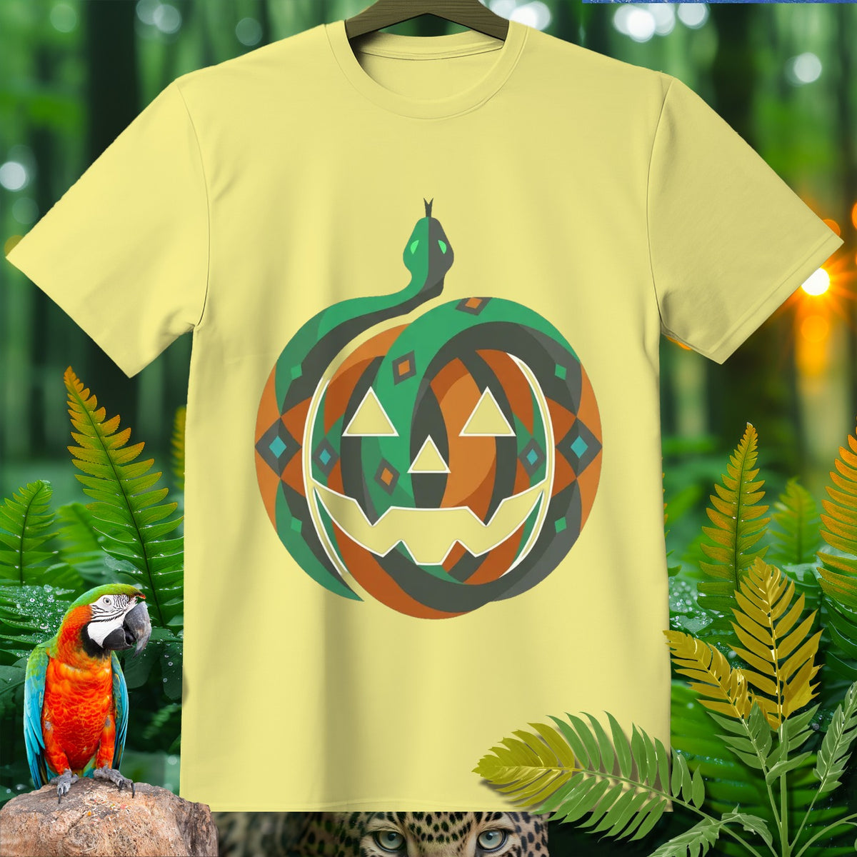 Yellow t-shirt with a graphic of a snake coiled around a jack-o'-lantern.