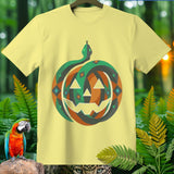 Yellow t-shirt with a graphic of a snake coiled around a jack-o'-lantern.