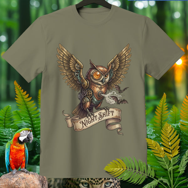 Steampunk owl with wings spread and "Night Shift" text on a banner.