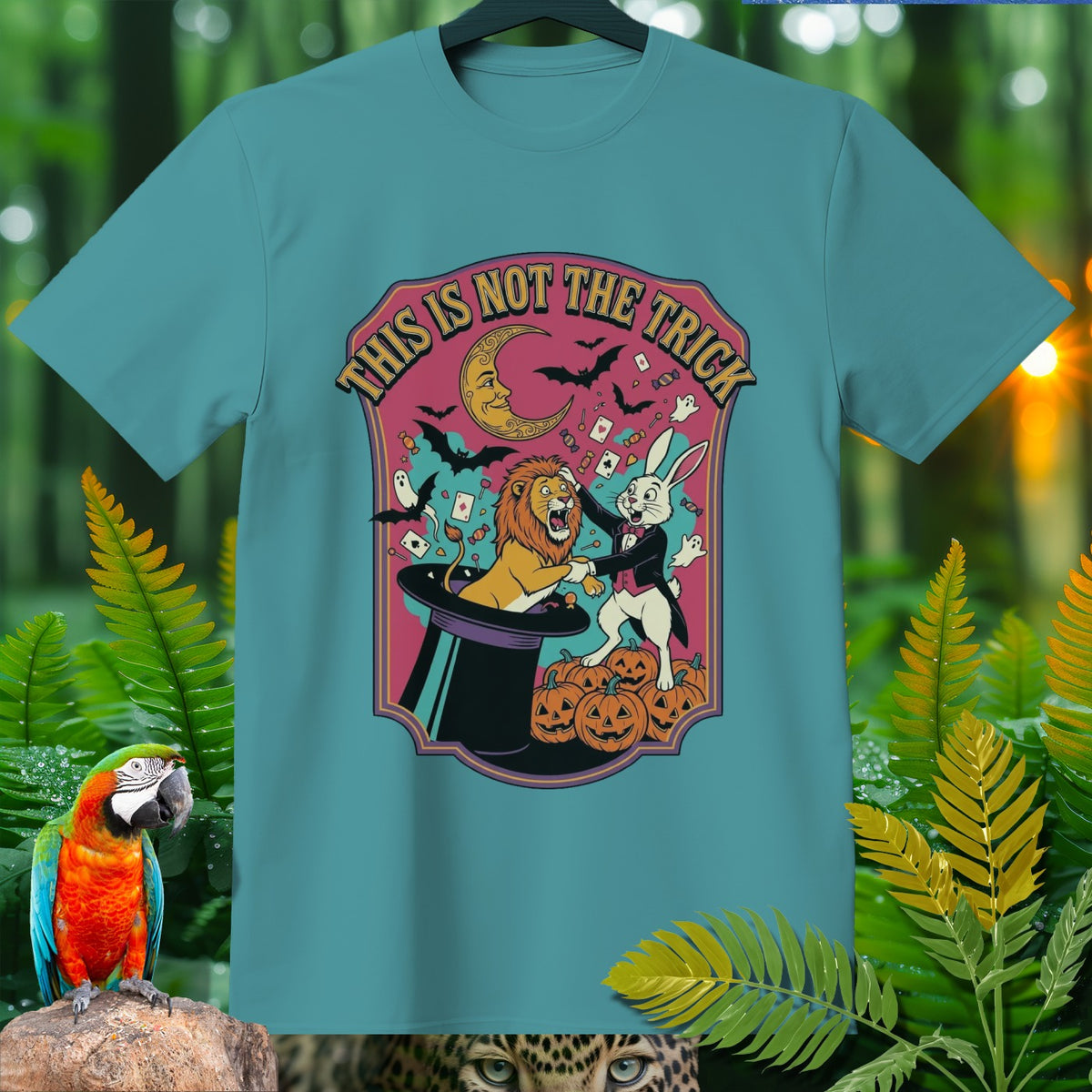 Lion and rabbit magician performance with text "THIS IS NOT THE TRICK" on shirt.