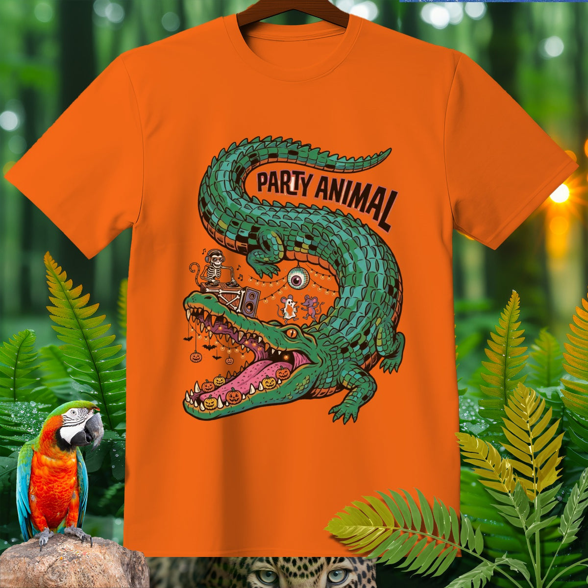 Orange t-shirt with a green alligator DJing, text reads "PARTY ANIMAL".
