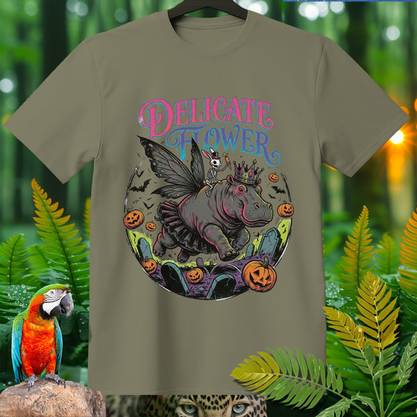 Hippopotamus with fairy wings and skeleton bunny on "DELICATE FLOWER" t-shirt.