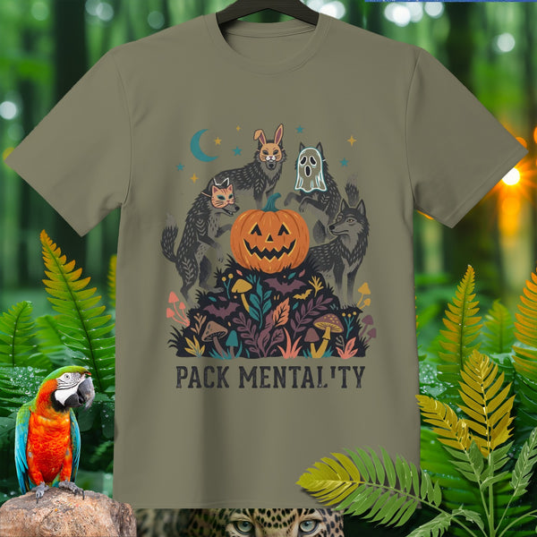 T-shirt graphic with wolves in costumes around a jack-o-lantern, reading "PACK MENTALITY".
