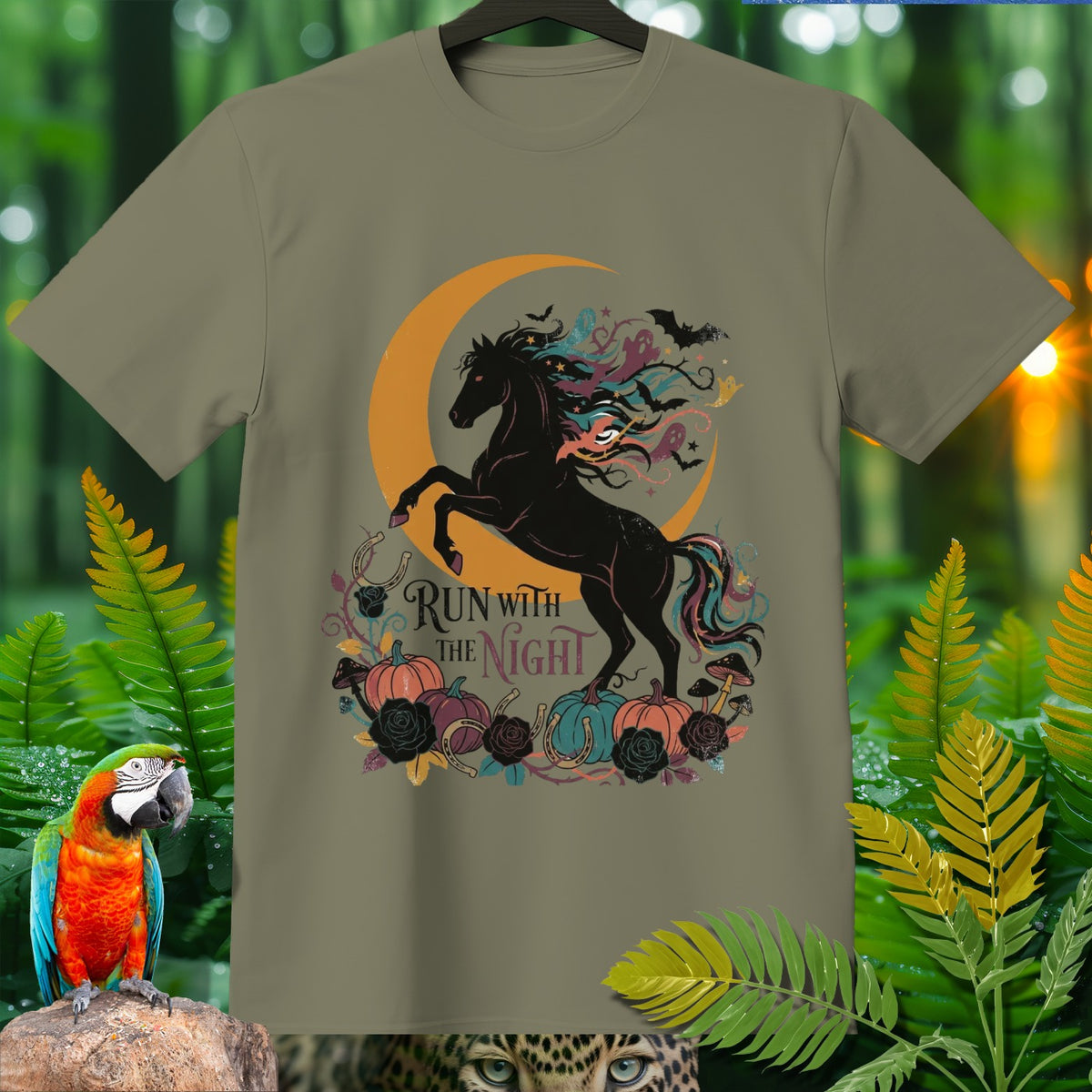 Black horse with moon and "Run With The Night" text graphic on t-shirt.