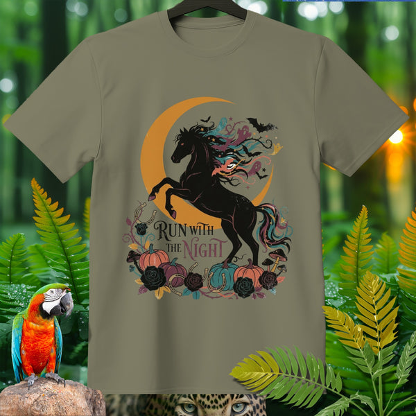 Black horse with moon and "Run With The Night" text graphic on t-shirt.