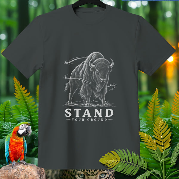 Dark gray t-shirt with a distressed bison graphic and text "STAND YOUR GROUND."