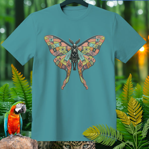 Teal t-shirt with a skeleton butterfly graphic featuring colorful, patterned wings.