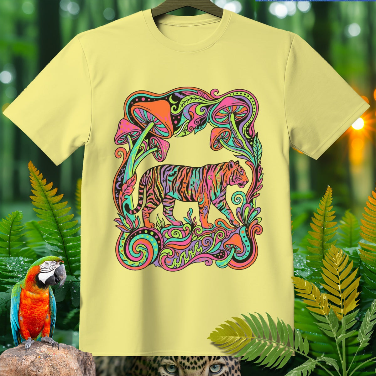 Yellow t-shirt with a psychedelic tiger and mushroom design.