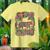 Yellow t-shirt with a psychedelic tiger and mushroom design.