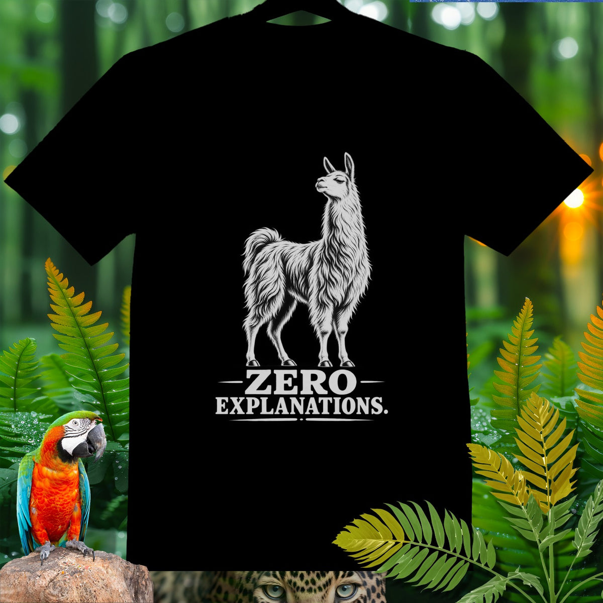 Black t-shirt with a llama graphic and "ZERO EXPLANATIONS." text.