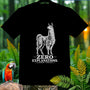 Black t-shirt with a llama graphic and "ZERO EXPLANATIONS." text.