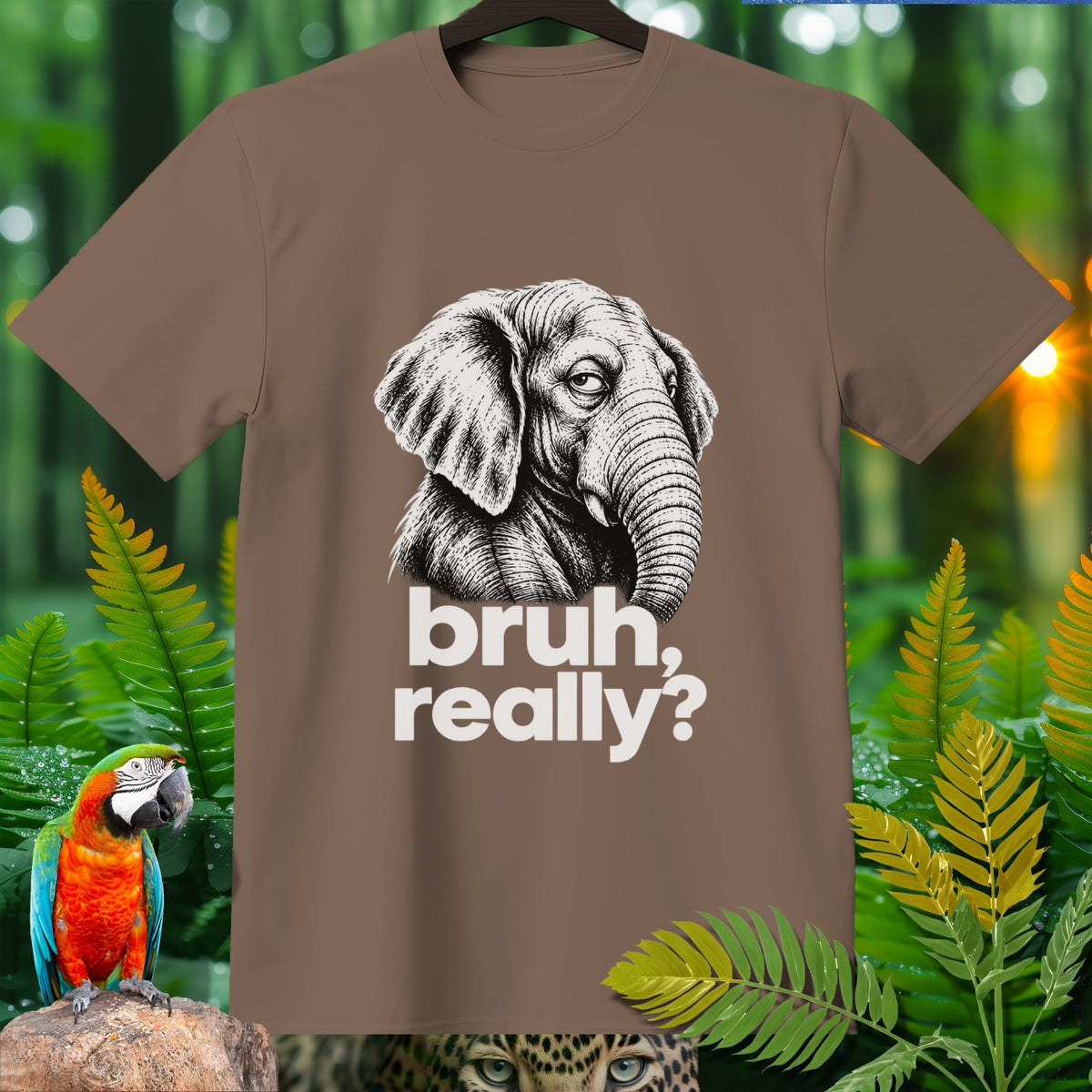 Brown t-shirt with black and white elephant graphic and "bruh, really?" text.