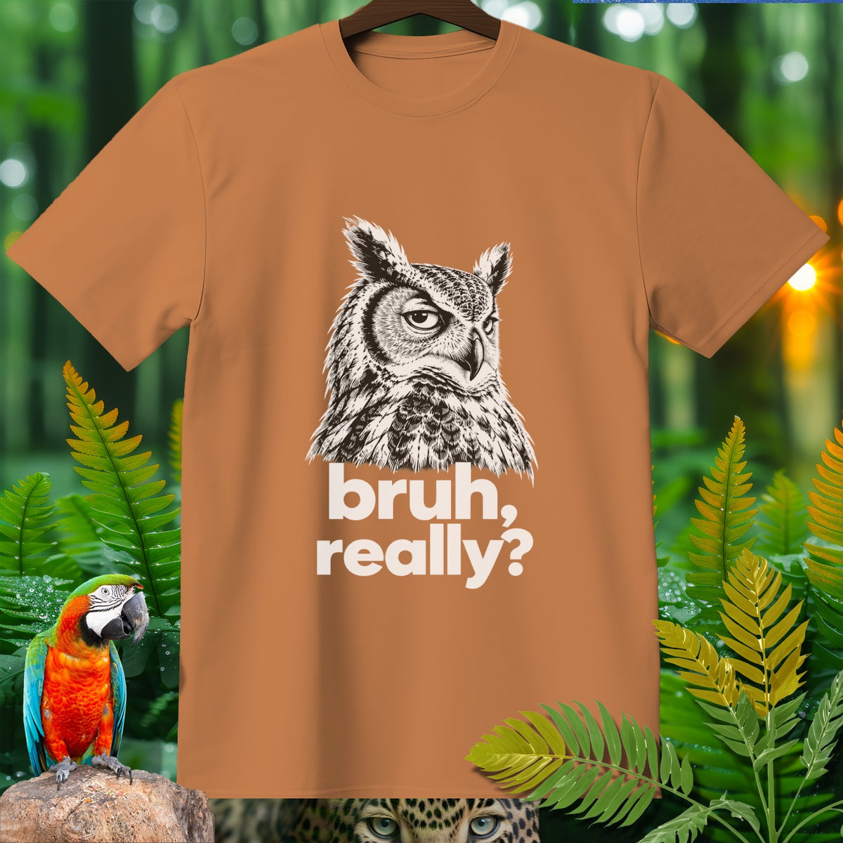Orange t-shirt with a drawing of an owl and the text "bruh, really?".