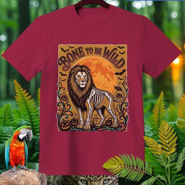 T-shirt graphic with skeleton lion, pumpkins, bats, and text "Bone to Be Wild".