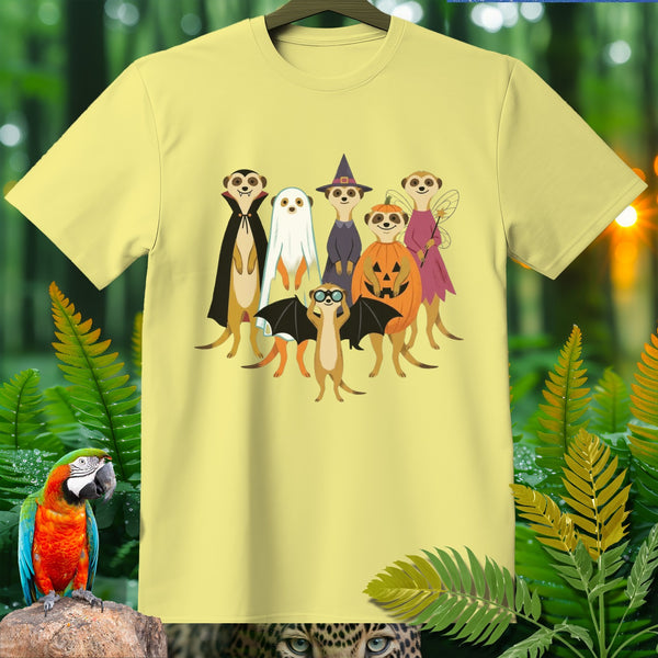 Light yellow t-shirt with a Halloween-themed graphic of meerkats in costumes.