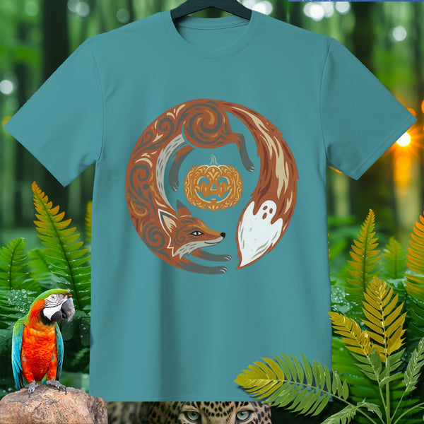 Teal t-shirt with a circular design of a fox, pumpkin, and ghost.