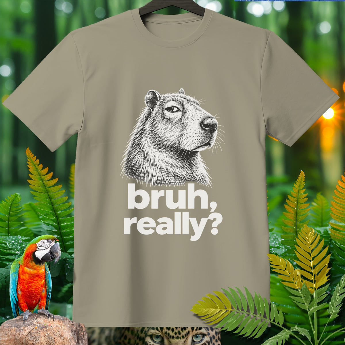 Tan t-shirt with a sketch of a capybara and text "bruh, really?"