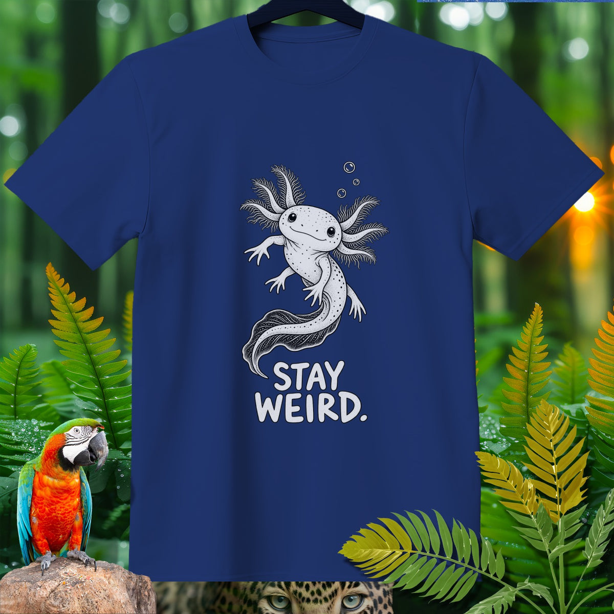 Blue t-shirt with axolotl graphic and text "STAY WEIRD."