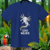 Blue t-shirt with axolotl graphic and text 