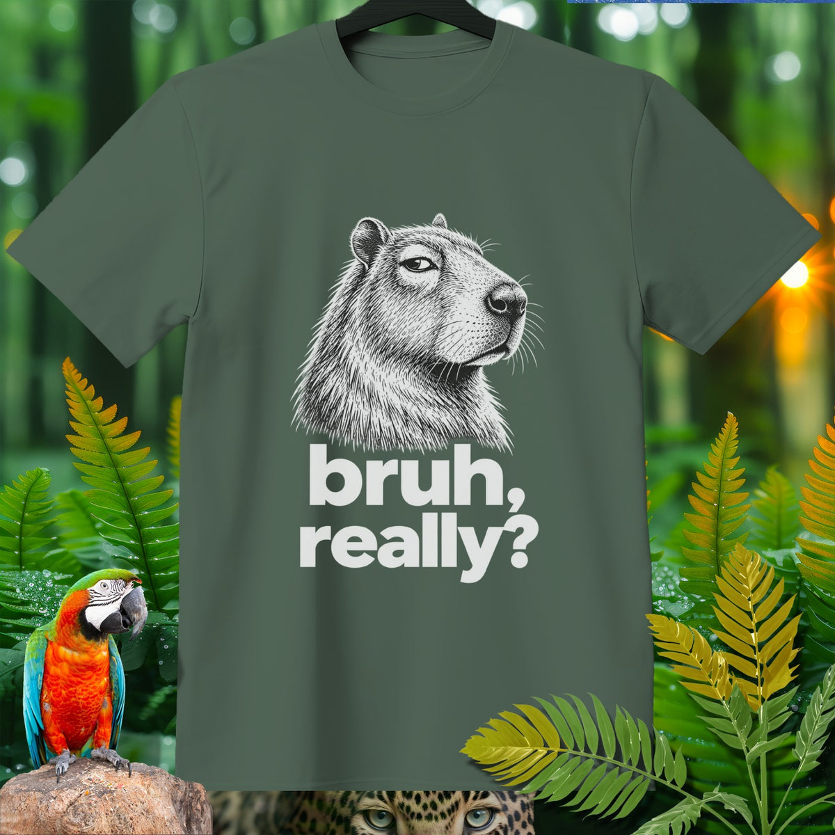 Green t-shirt with capybara illustration and text "bruh, really?".