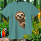 Teal t-shirt with a cute sloth peeking from the side, jungle background.