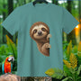 Teal t-shirt with a cute sloth peeking from the side, jungle background.