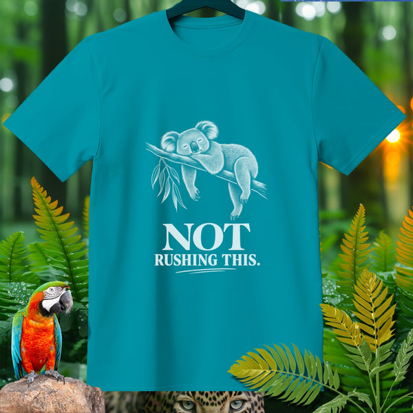 Teal t-shirt with a sleeping koala graphic and text "NOT RUSHING THIS."