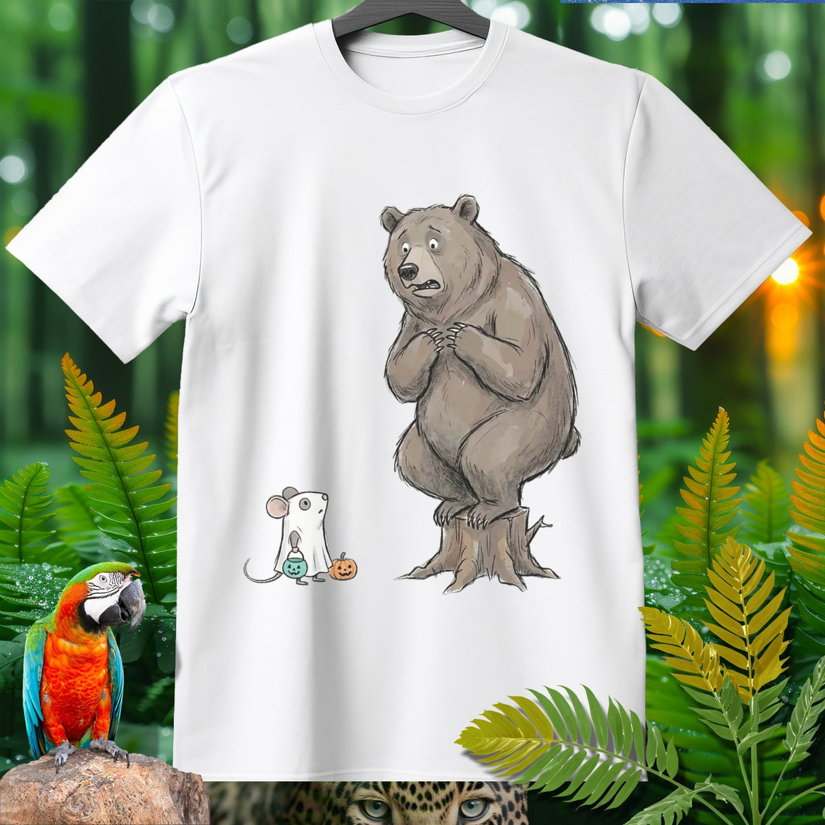 White t-shirt with drawing of a scared bear and mouse dressed for Halloween.