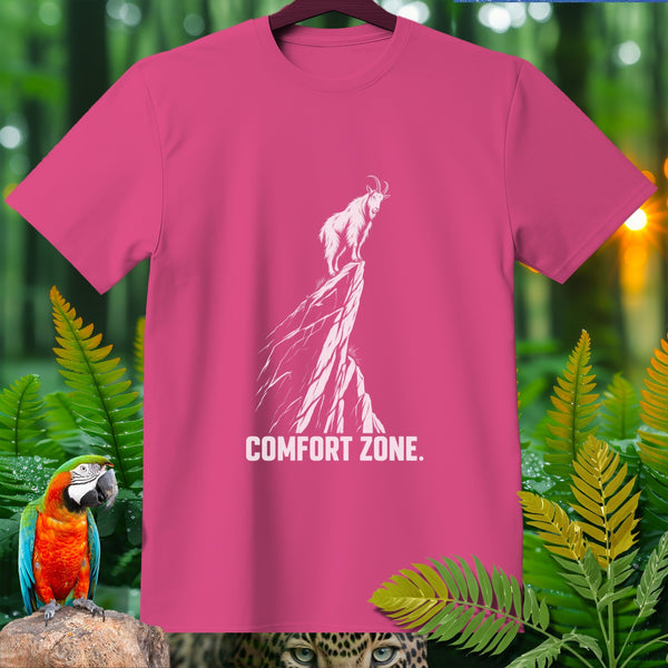 Pink t-shirt with white graphic of a goat on a cliff and text "COMFORT ZONE."