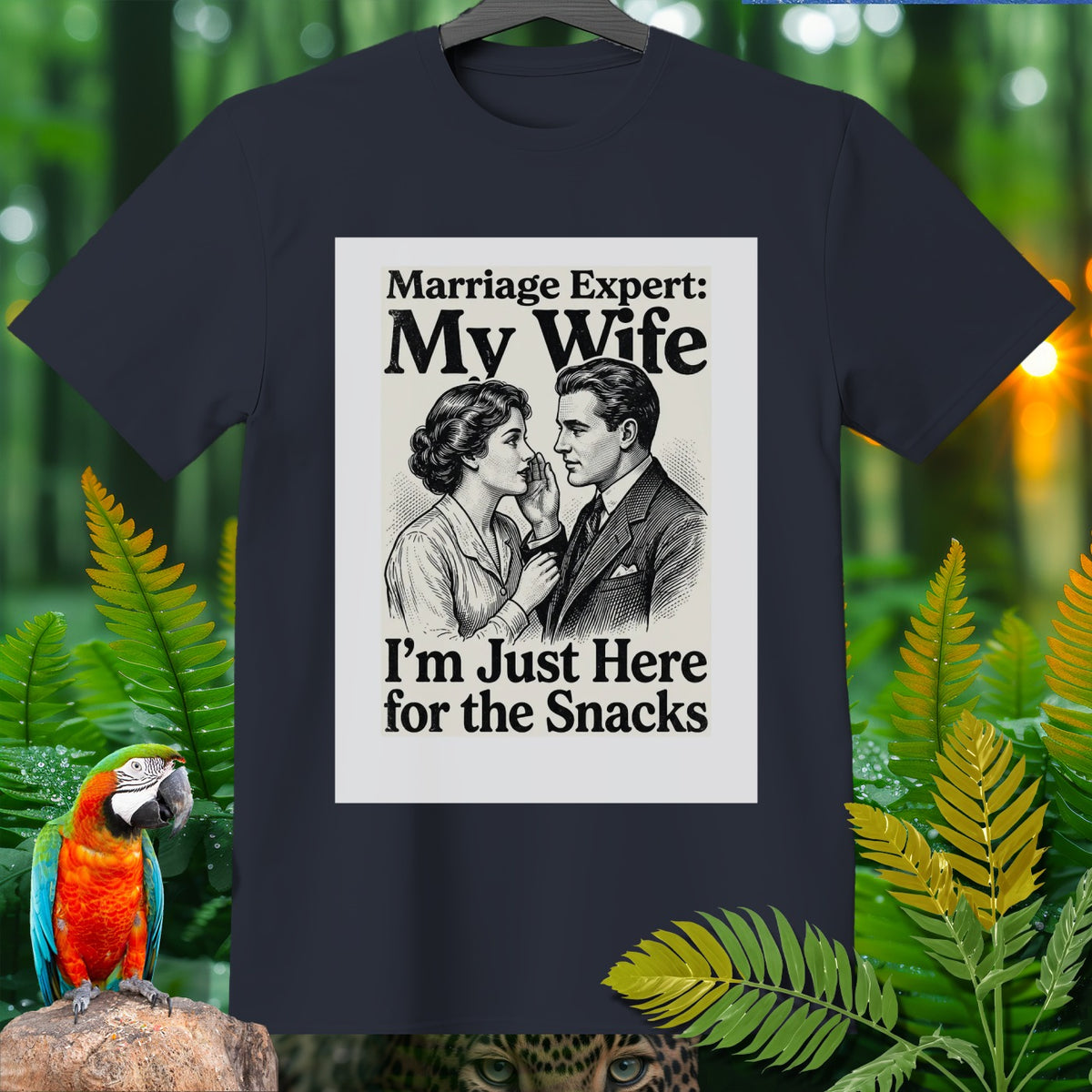 Dark t-shirt with graphic: Marriage Expert: My Wife Im Just Here for the Snacks.