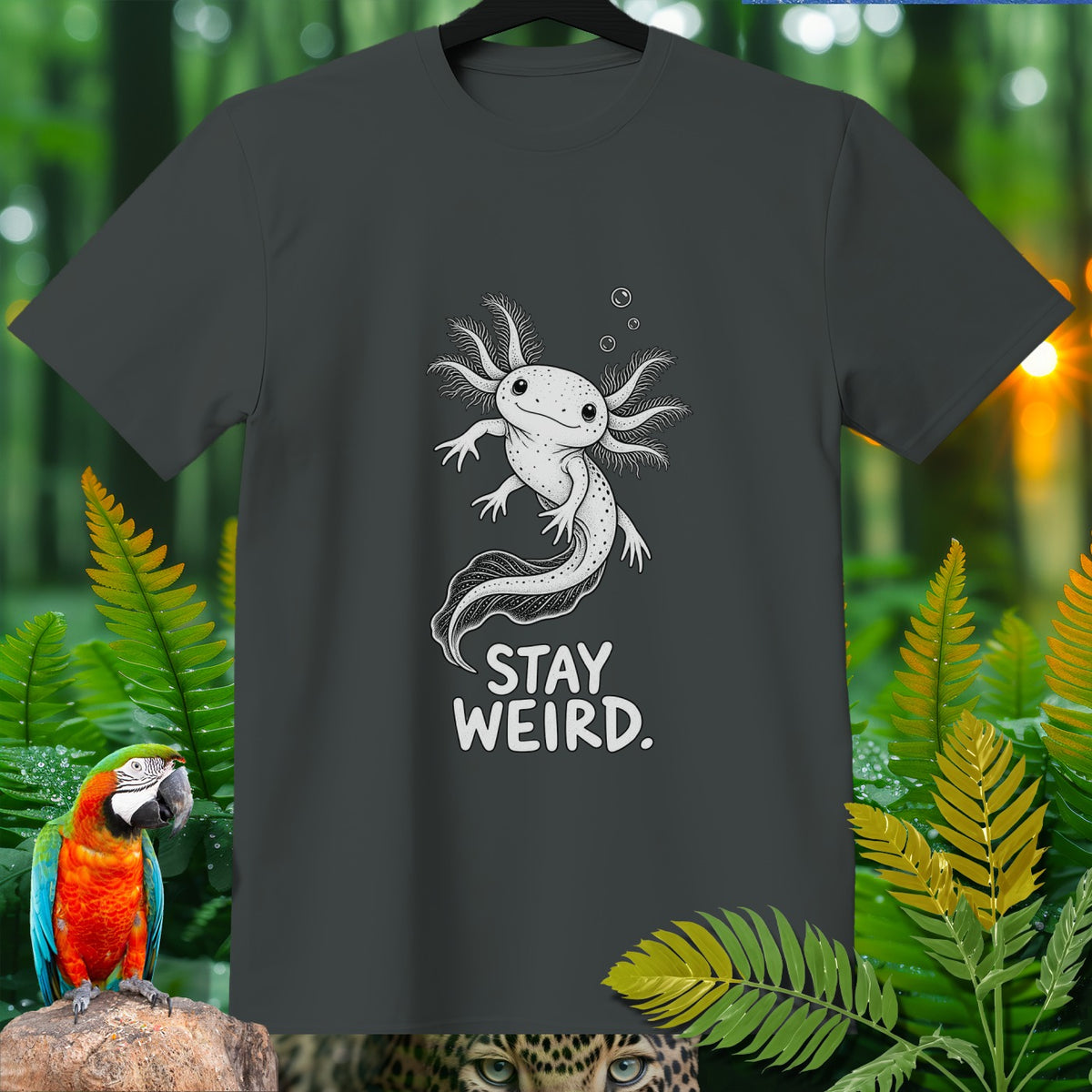 Gray t-shirt with a white axolotl and "STAY WEIRD." text.