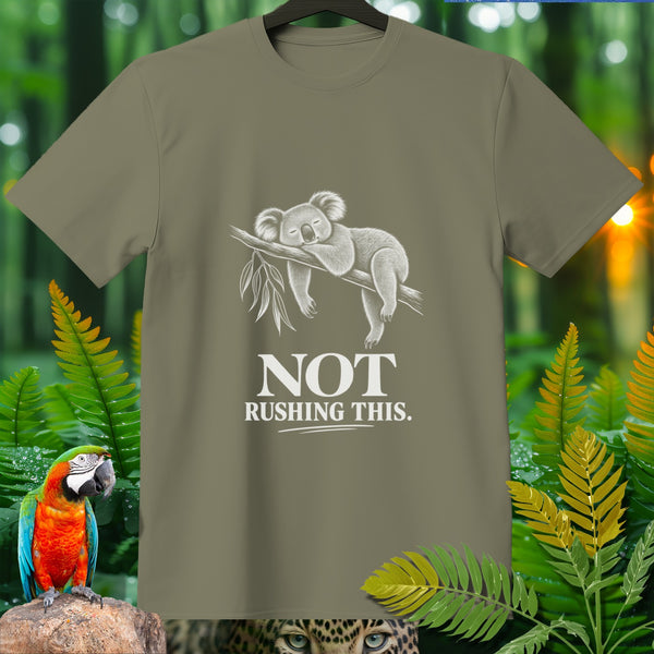 Olive green t-shirt with sleeping koala graphic and text "NOT RUSHING THIS."