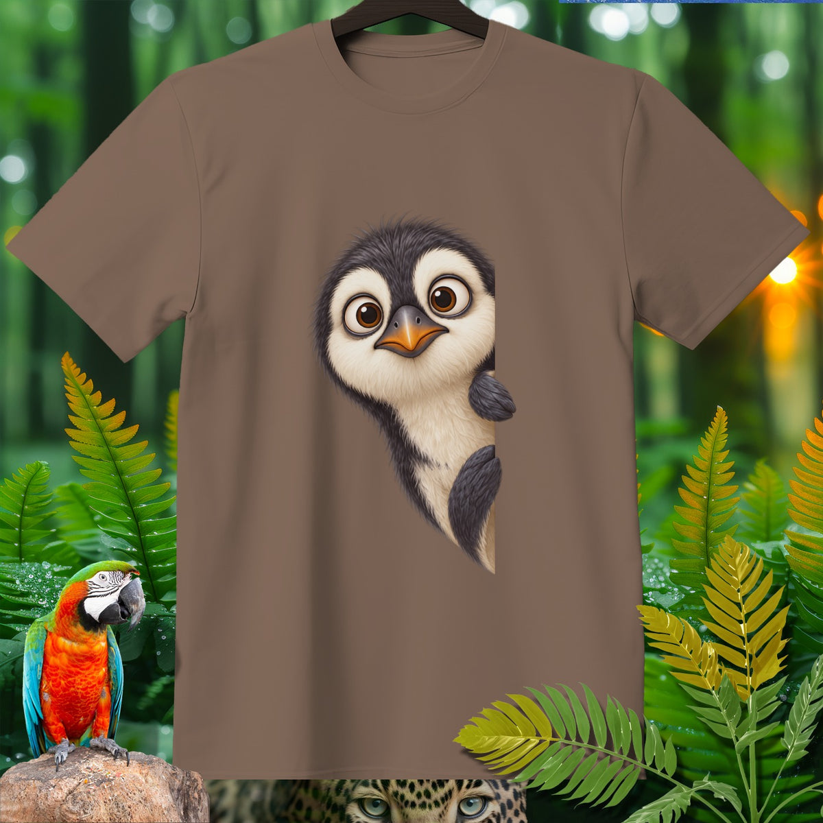 Brown t-shirt with a cartoon penguin peeking from the side.