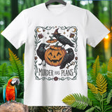 White t-shirt with Halloween graphic featuring crows, pumpkin, and text 