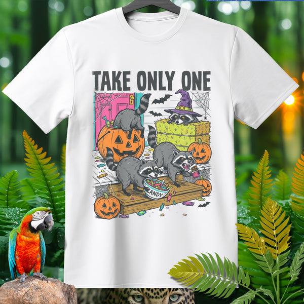 White t-shirt with "TAKE ONLY ONE" text and raccoons trick-or-treating for candy.
