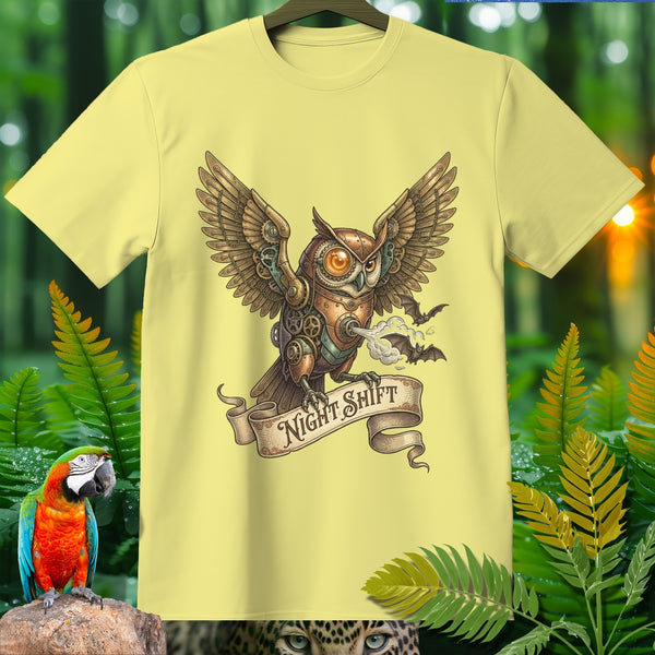 Steampunk owl with wings spread, "Night Shift" banner, and two bats.