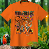 Orange t-shirt with tiger, pumpkins, bats, and text 