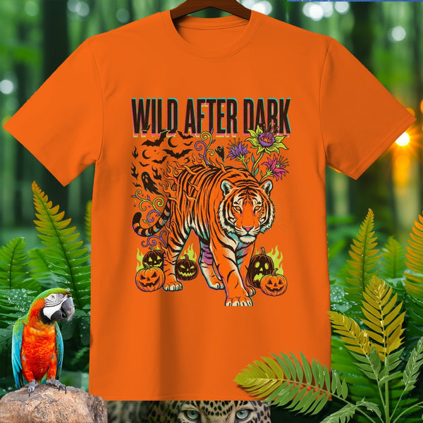 Orange t-shirt with tiger, pumpkins, bats, and text "WILD AFTER DARK."