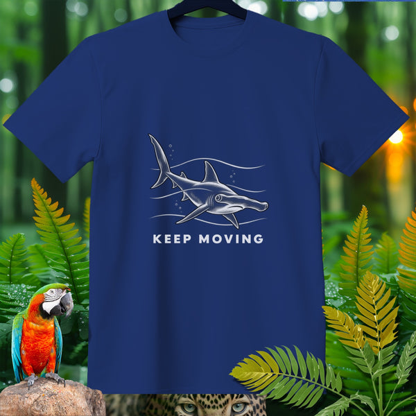 Navy t-shirt with a white hammerhead shark graphic and "KEEP MOVING" text.