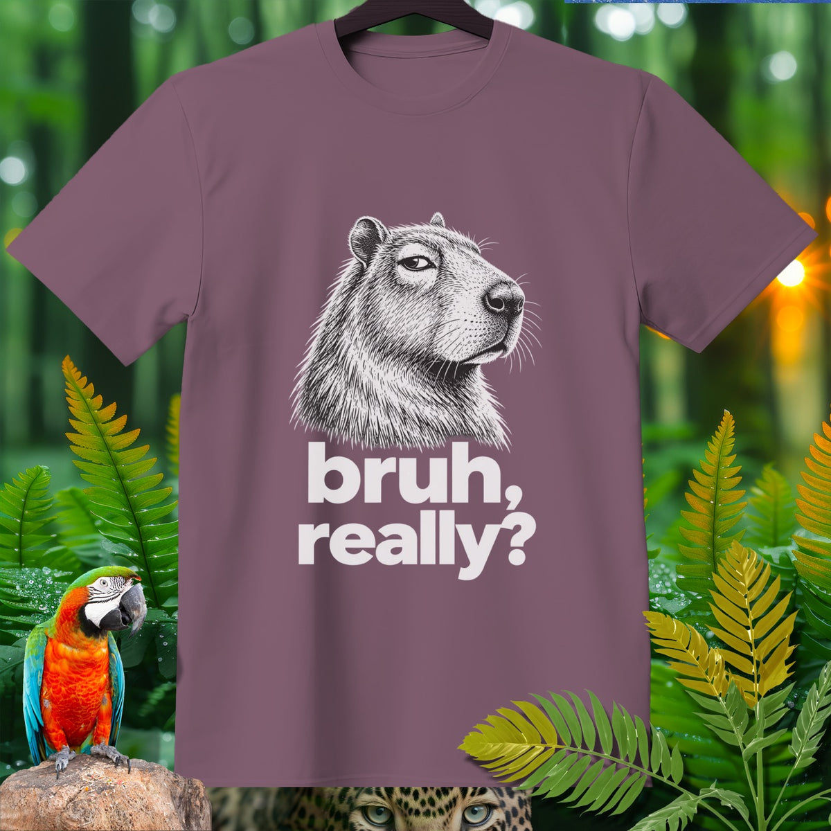 T-shirt with capybara illustration and text "bruh, really?".
