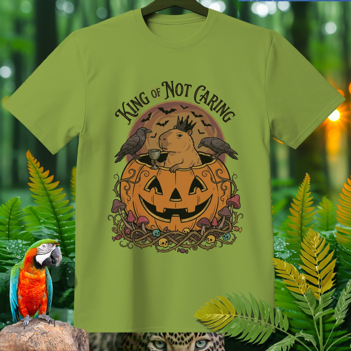 Capybara wearing crown inside a pumpkin with crows and text "KING OF NOT CARING".
